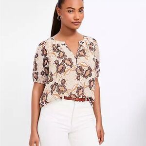 LOFT brown and tan floral print puff sleeve henley blouse medium